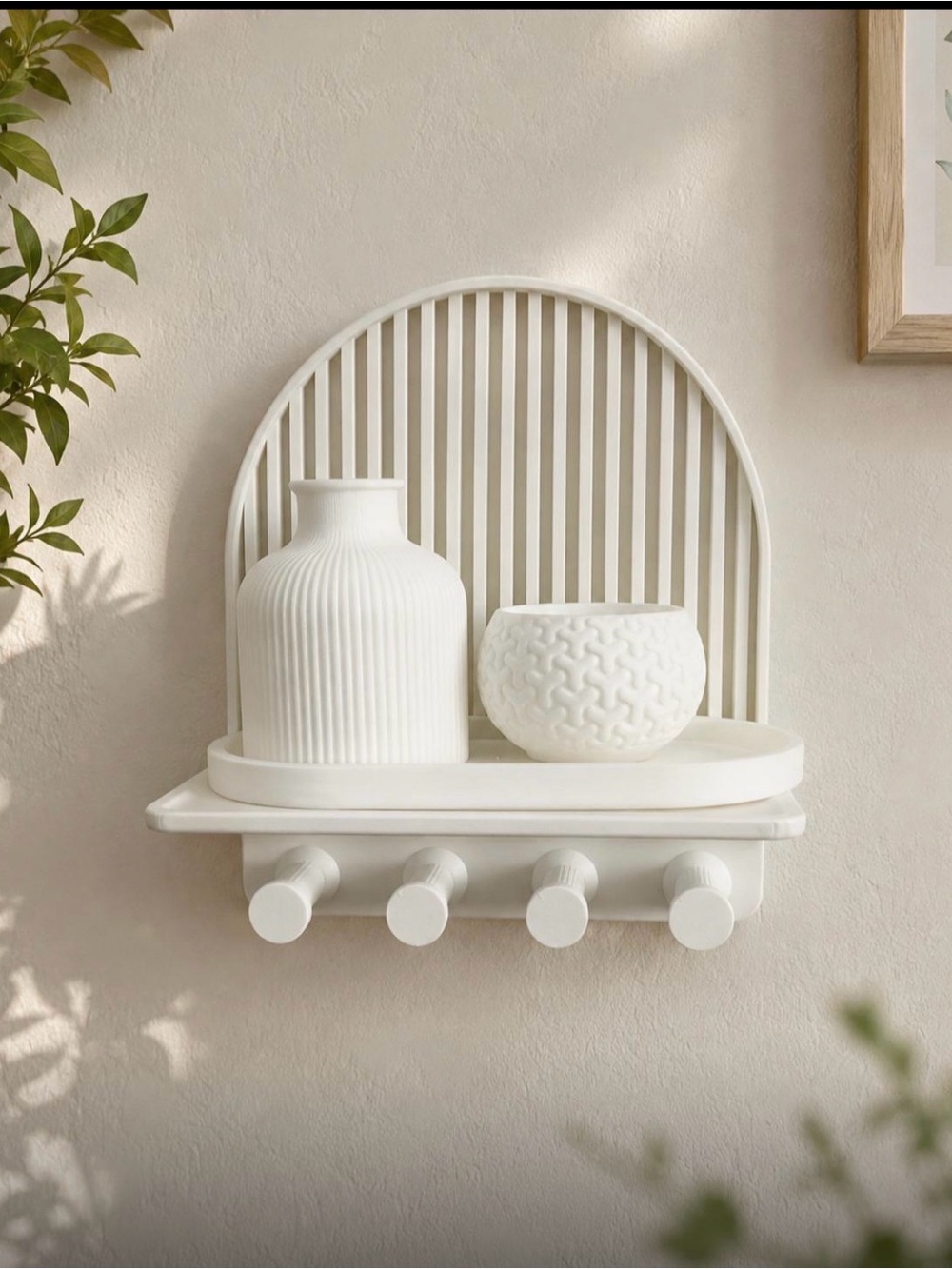 Wall-Mounted Decorative Shelf with Hooks - key Holder -White